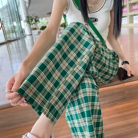 复古格子阔腿裤女春秋新款高腰垂感直筒裤子宽松显瘦休闲直筒长裤商品大图