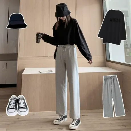 灰色运动裤女宽松直筒阔腿高腰垂感春秋季2020新款显瘦百搭休闲商品大图