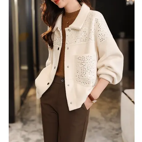 宝诗黎翻领蝙蝠袖亮片毛绒短外套单排扣开衫上衣女2024春秋季新款商品大图