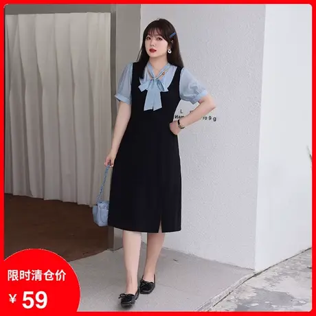 【清仓】季新款减龄蝴蝶结细带开叉长款气质大码连衣裙显瘦胖妹妹商品大图
