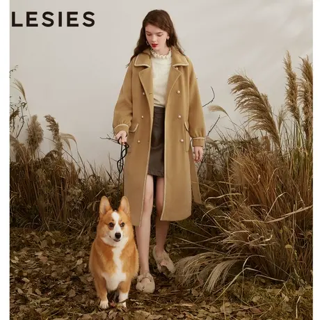 LESIES蓝色倾情秋冬季女装小香淑女单排扣灯笼袖长款毛呢外套大衣商品大图