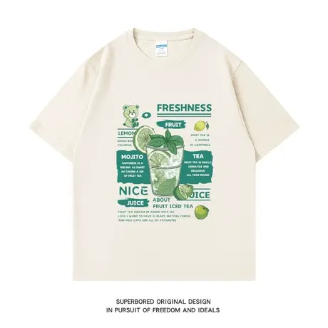 夏季柠檬水饮料印花短袖T恤夏季青少年学生纯棉宽松休闲半袖体恤商品大图