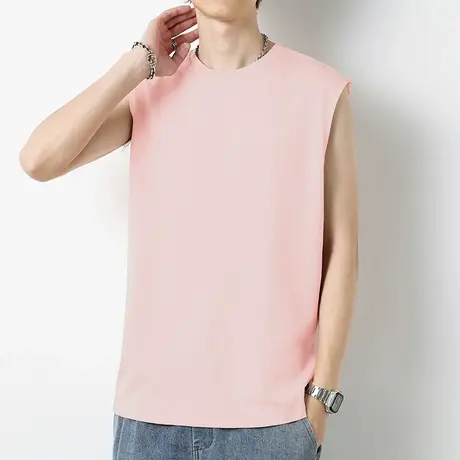230g重磅纯棉背心男士夏季运动坎肩液氨长绒棉纯色粉色无袖t恤男商品大图