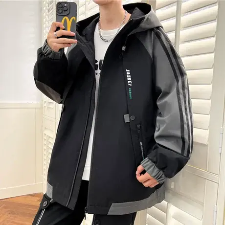 连帽外套男春秋款撞色拼接防风夹克男潮牌青少年休闲宽松工装褂子商品大图