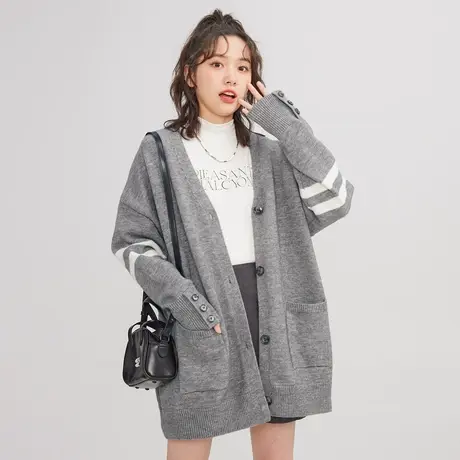尔给灰色复古风森系长款开衫针织毛衣女秋冬2022新款oversize外套商品大图