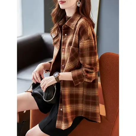 宝诗黎翻领格子宽松休闲薄外套上衣女春季落肩长袖衬衫2024年新款商品大图