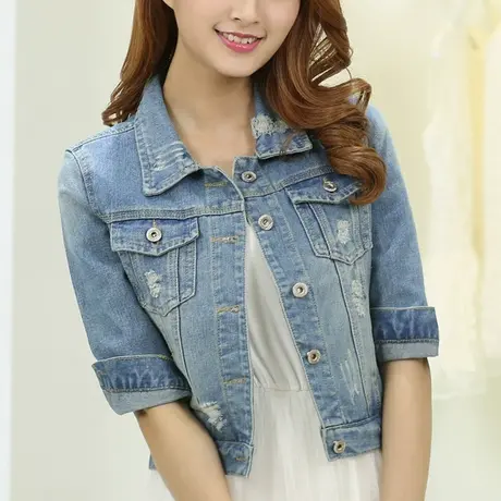 牛仔外套女七分袖短款修身韩版新款显瘦学生春秋牛仔服上衣大码02商品大图