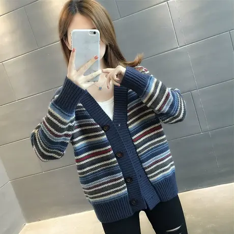 条纹毛衣新款2023爆款时尚洋气秋冬款上衣宽松百搭针织开衫女外套图片