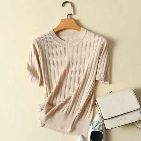 夏装冰丝T恤短袖女士针织打底小衫薄款体恤百搭短款修身镂空上衣商品大图