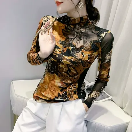 性感镂空刺绣T恤女装复古印花上衣洋气紧身内搭打底衫女长袖秋冬图片