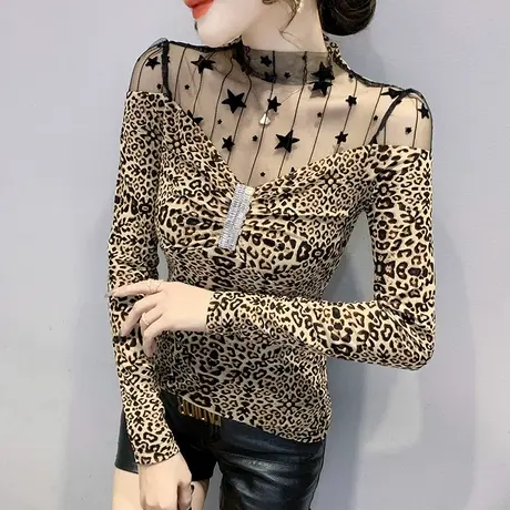 性感网纱豹纹T恤女装2024新款潮透视心机上衣欧货洋气打底衫春秋商品大图