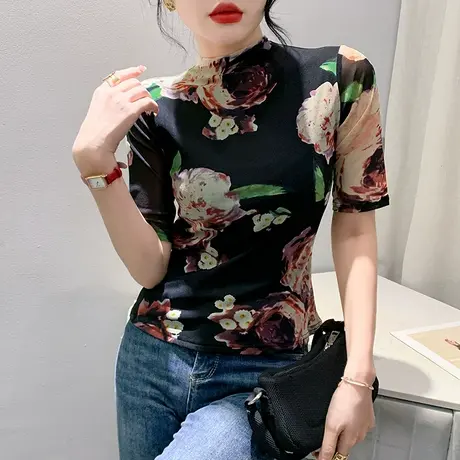 时尚网纱印花T恤女五分袖2024秋季新款半高领打底衫修身显瘦上衣图片