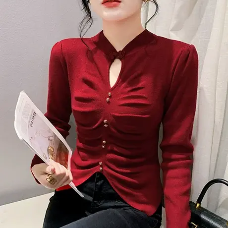 立领国风盘扣毛衣性感镂空褶皱针织衫女长袖洋气修身T恤女长袖冬图片