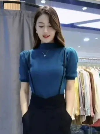 半高领针织短袖女2023年春季新款时尚洋气泡泡袖上衣内搭打底T恤商品大图