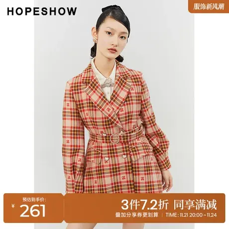 红袖outlets单排扣翻领外套hopeshow2022冬季新款中长款系带上衣商品大图
