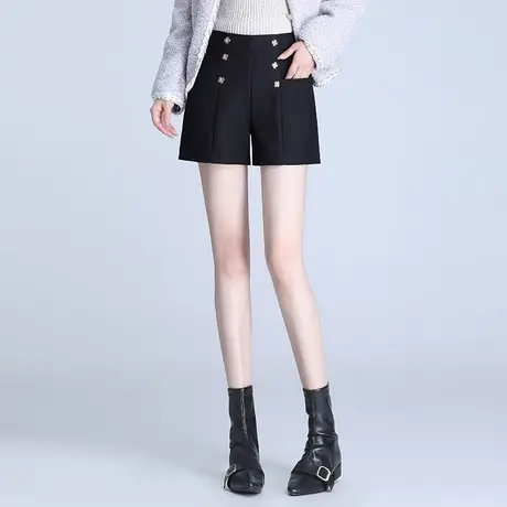 双排扣时尚短裤黑色显瘦阔腿裤女秋季2023新款裤子高腰垂感休闲裤商品大图