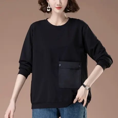 中年妈妈春秋季纯棉长袖T恤女宽松加肥加大码女装休闲口袋打底衫商品大图