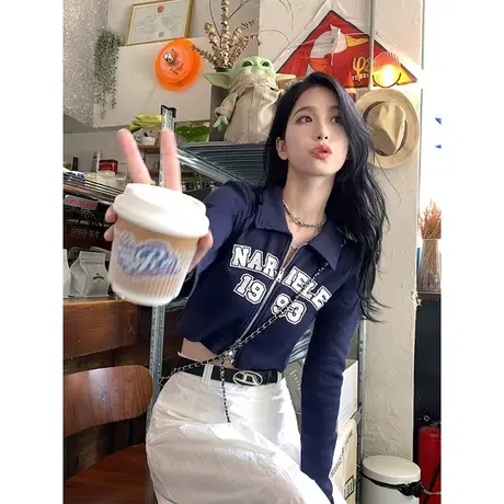 大码设计感Polo领拉链正肩短袖t恤女夏季新款微胖mm修身显瘦上衣图片