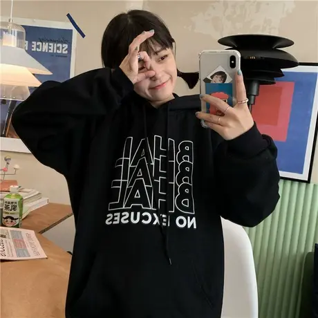 2020新款韩版冬装宽松字母ulzzang温柔慵懒风加绒加厚连帽卫衣女商品大图