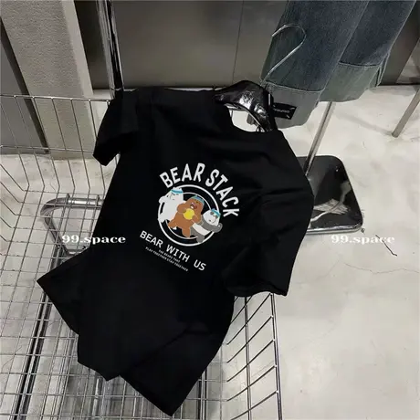 2023年新款卡通体恤夏季韩版宽松薄款黑色短袖t恤女小众别致上衣图片