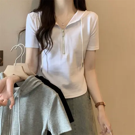 半拉链连帽短袖T恤女夏季设计感小众小个子短款修身显瘦半袖上衣商品大图