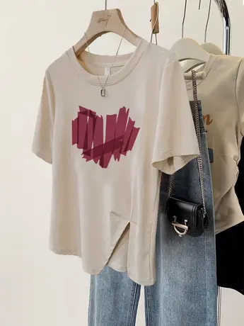 不规则开叉T恤女复古chic慵懒风休闲短袖潮ins纯棉闺蜜装印花上衣图片