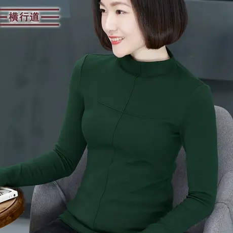 2025春装纯色休闲半高领打底衫大码胖MM中年妈妈长袖T恤女装上衣商品大图