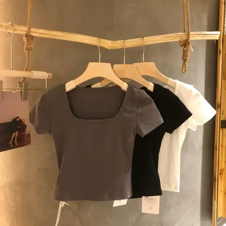 正肩辣妹别致方领短袖t恤女装夏季高腰修身露脐紧身短款上衣ins潮商品大图