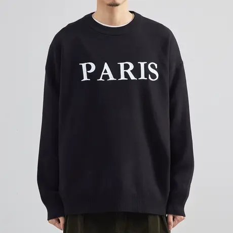 字母刺绣韩版复古针织衫男潮牌秋冬高级感潮搭加厚毛衣保暖打底衫商品大图