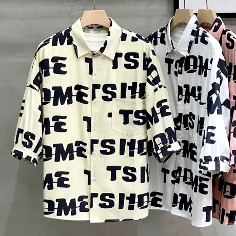 半袖花衬衫男士五分袖夏季薄款休闲男装上衣服衬衣长袖男宽松潮流商品大图