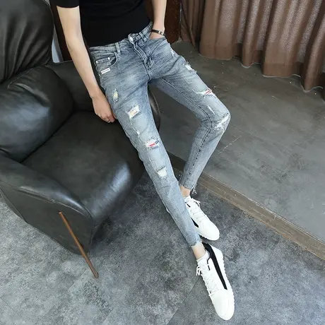 精神小伙春秋新款修身小脚牛仔裤薄九分裤韩版潮男破洞显瘦铅笔裤图片