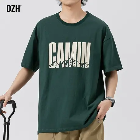 男生墨绿色短袖男潮牌潮流宽松男装2023新款夏季字母印花t恤纯棉商品大图