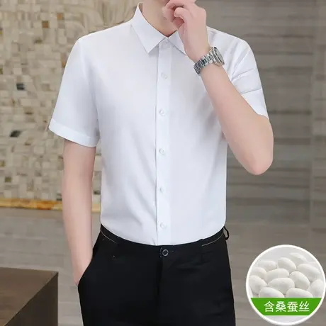夏季潮流休闲帅气半袖白色寸衫抗皱免烫衬衫男短袖冰丝衬衣高级感商品大图