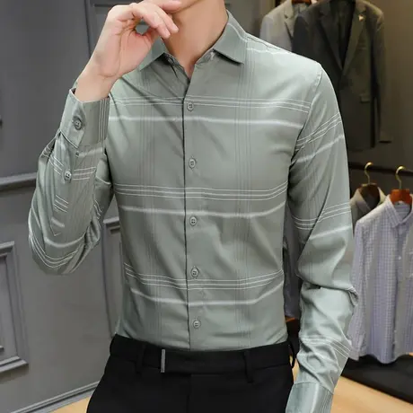 青年秋季条纹格子长袖衬衫男士商务百搭工装衬衣韩版修身上衣服男图片