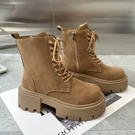 英伦风马丁靴女2023年新款春秋圆头百搭网红休闲大黄厚底粗跟短靴图片