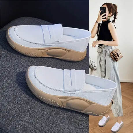 真皮小白鞋女2023新款春秋一脚蹬孕妇鞋厚底单鞋软底透气护士鞋子商品大图
