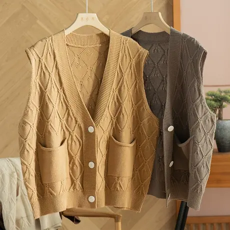 享永子全棉针织马夹女棉线宽松文艺复古马甲春秋外搭上衣2023新款商品大图