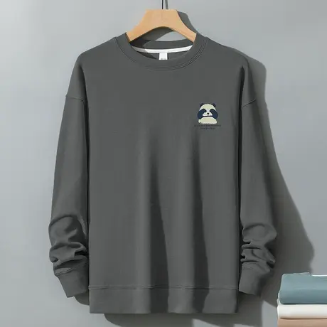 350g重磅圆领卫衣男2024新款熊猫印花长袖t恤无帽套头灰色上衣服商品大图