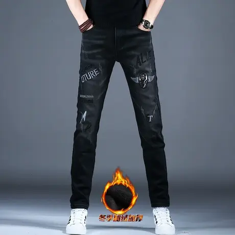 加绒加厚牛仔裤男秋冬时尚男士修身刺绣精致小脚修身2023冬季潮牌图片