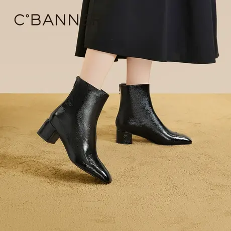 千百度通勤高跟靴2023秋冬新款粗跟时装靴瘦瘦靴短靴女鞋真皮保暖商品大图