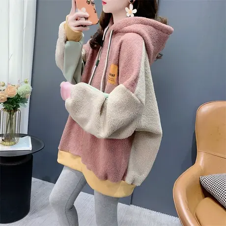 潮牌拼色羊羔毛连帽卫衣女秋冬2023年新款宽松加绒加厚设计感外套商品大图