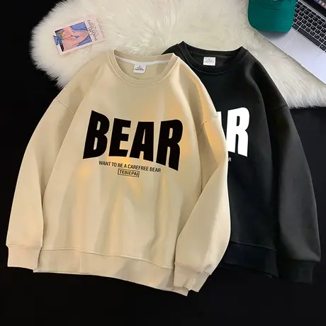 宽松潮流字母圆领美式卫衣男春秋季2024新款套头内搭无帽打底衫男图片