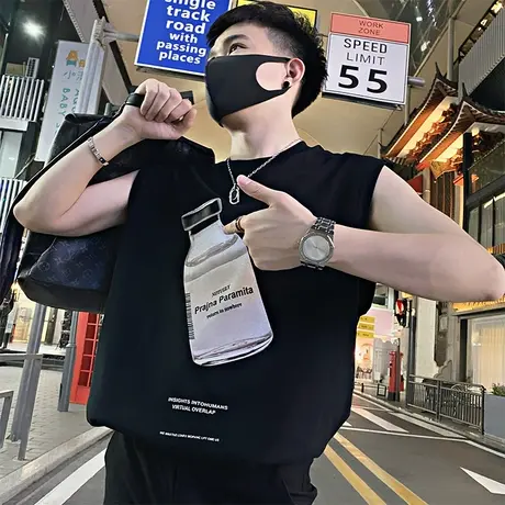 夏季休闲无袖t恤上衣男新款小众饮料印花设计宽松薄款背心体恤商品大图