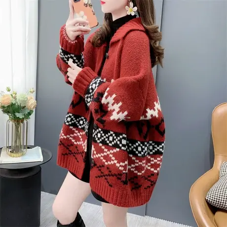 韩版翻领复古提花针织开衫女秋冬2023年新款宽松加厚软糯毛衣外套商品大图