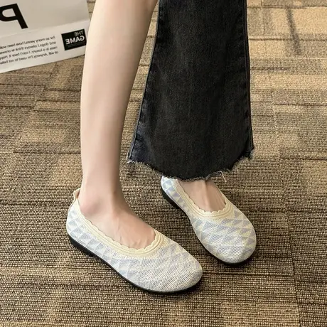 春夏季拼色针织透气网面女士豆豆鞋子平底平跟圆头休闲单鞋民族风商品大图