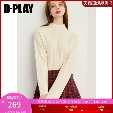 DPLAY春通勤半高领长袖杏色细闪小亮片宽松羊毛套头针织衫毛衣女图片