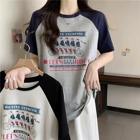 纯棉早春夏装拼色短袖T恤女2024新款韩版宽松欧货潮牌半袖上衣服商品大图