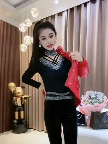 长袖烫钻加绒打底衫网纱t恤女拼接镂空上衣2024新款春季加厚上衣商品大图