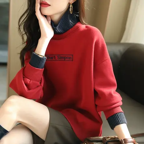 宝诗黎短款半高领宽松加绒加厚卫衣女秋冬装保暖2023刺绣新款上衣商品大图