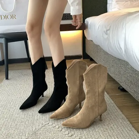 高跟牛仔靴西部短靴女春秋季新款单靴子细跟尖头中筒高筒时装靴潮图片